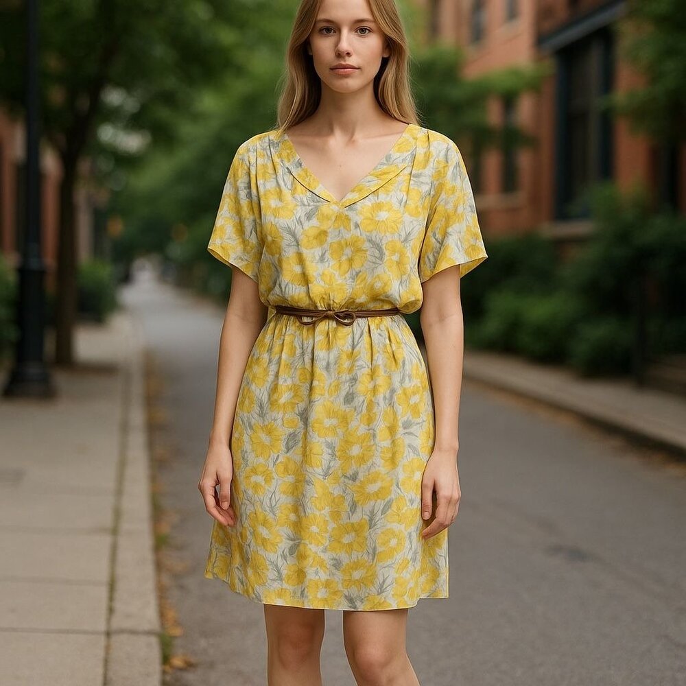 Maggy London Womens Size M Midi Dress Yellow White Floral Batwing Sleeve Pockets